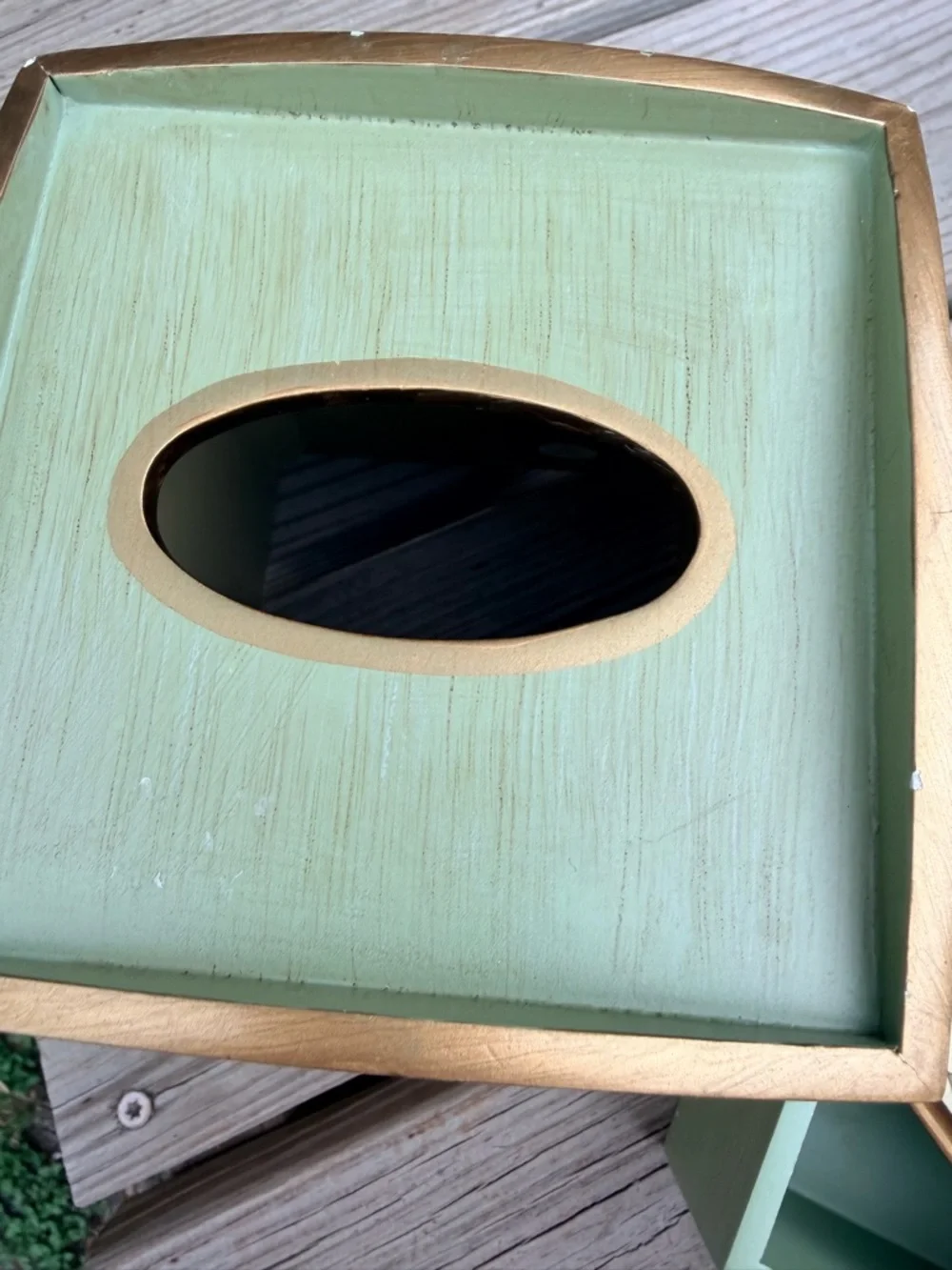 Signed Hand Painted Floral Tissue Box‎ Cover & Trinket Box Set Sage Green Gold